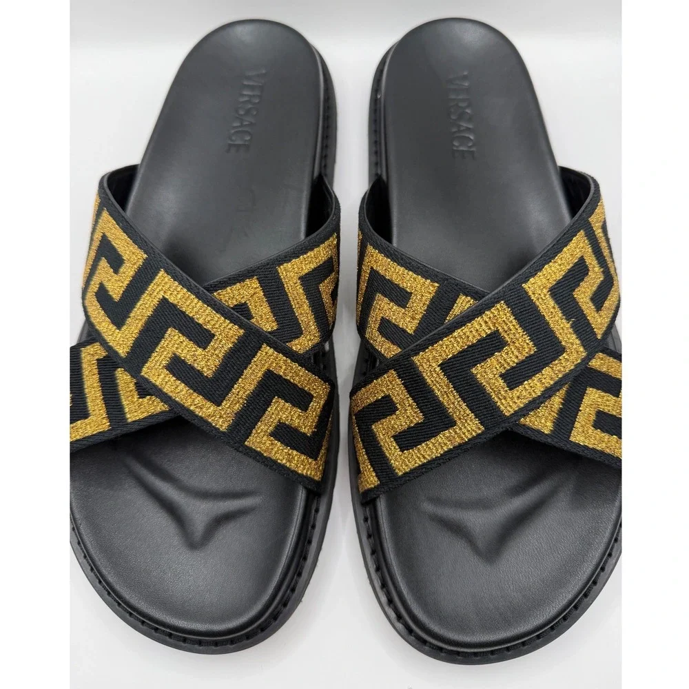 Versace Mens Greca Cross Strap Slides Black Gold Metallic Sandals Size 43 Spain